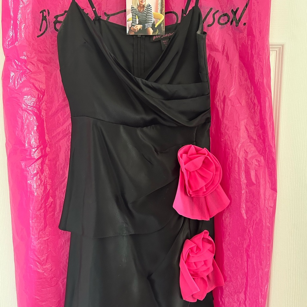 Betsey Johnson prom formal cocktail dress Elegant Black with Pink florals